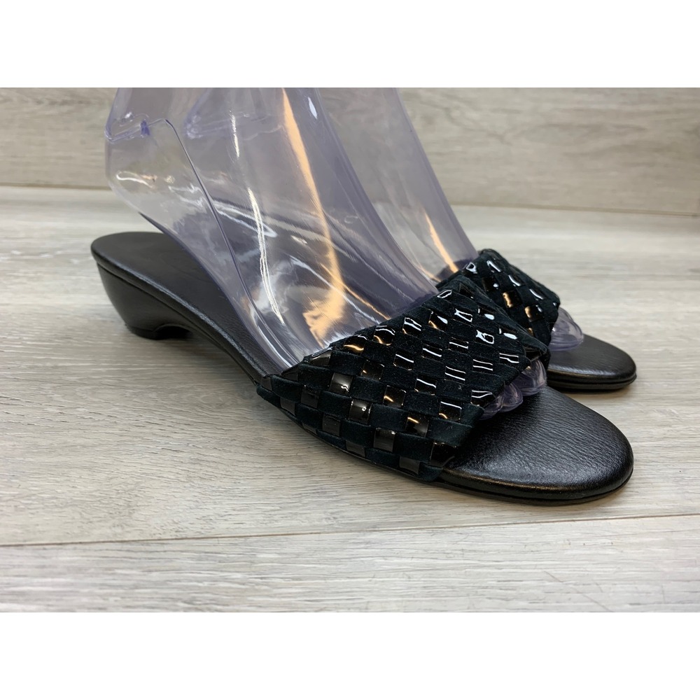 Talbots Black Woven Leather Suede Patent Low Kitten Heel Slide Sandals 7 Shoes